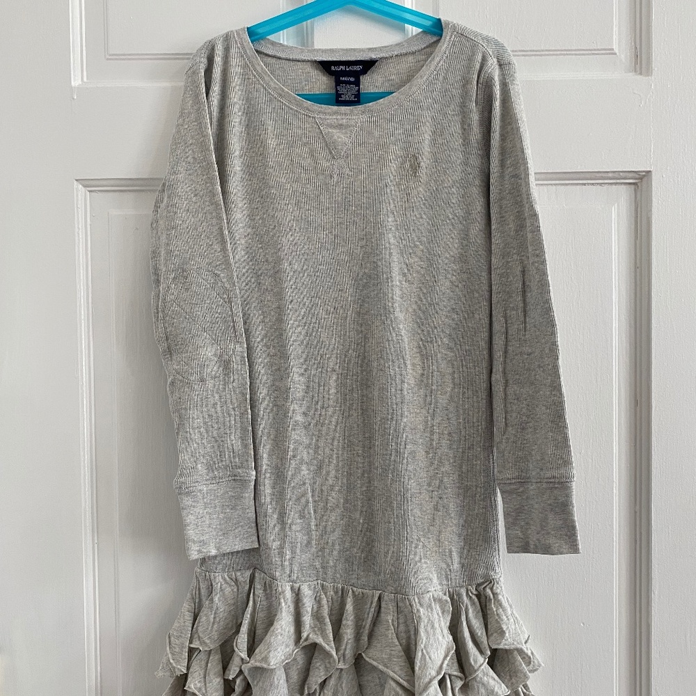 Ralph Lauren Girl's Large (8/10) gray Long Sleeve Ruffle Hem Knit Dress